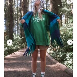 Aerie Oversized Crewneck Sweatshirt Green Graphic Pullover Ribbed Side Panels M